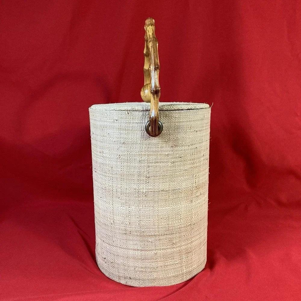 Vintage 1970's  Ice Bucket / Grass Cloth with Faux Bamboo Handle / No Tongs